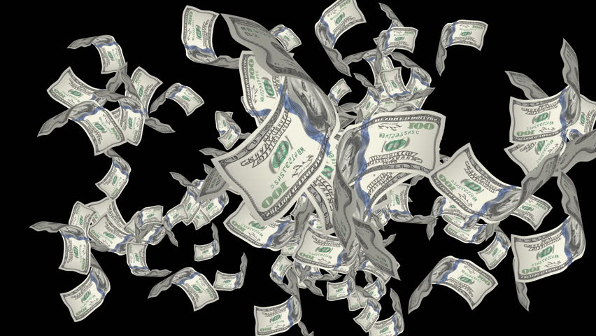 One hundred dollar banknotes explosion. Dollar banknotes explosion, hundred dollar bills are fluttering downwards against a stark black background creating a financial windfall.