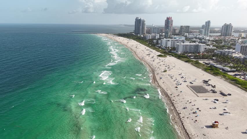 Drone Shot of South Beach Miami Florida USA, Ocean, Sandy Shore and Beachfront Buildings