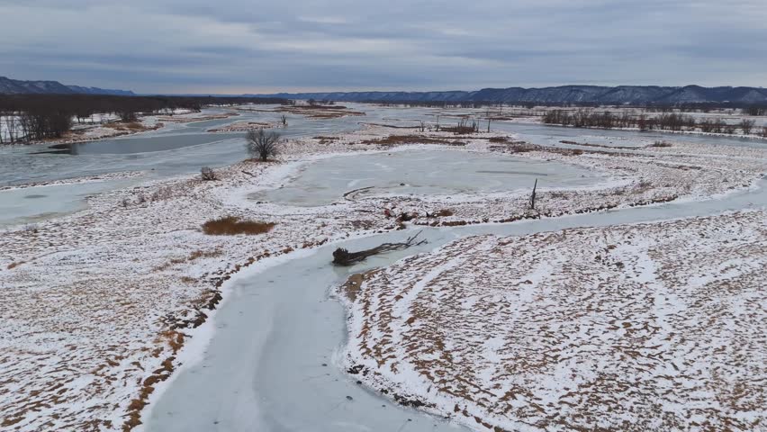 Icy river bends stretch across the Driftless Area, where bare trees cover islands and banks in a calm winter setting.