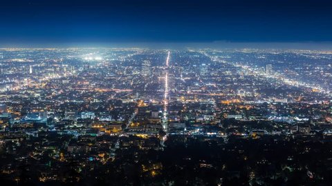 Los Angeles cityscape panorama at night. HD Timelapse.