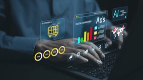 Digital marketing concept with technology interface, data analytics and performance dashboard. Online marketing strategy using SEO, social media and advertising for business growth. - Powered by Shutterstock - Get 15% off with code: PIKWIZARD15