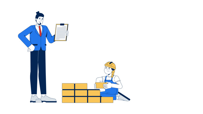 Child labor and exploitation cartoon animation. Underage workers abuse. Children girl and boy suffering in manual work animated flat 2D characters 4K video isolated on white, scene storytelling