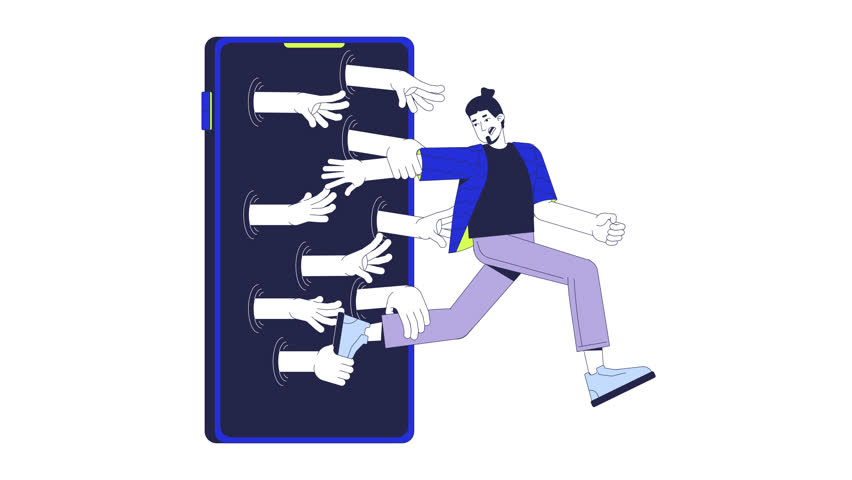 Social media addiction 2D animation. Digital dependency. Phone obsession. Man running away from smartphone with hands grabbing animated character cartoon flat concept metaphor 4K video isolated