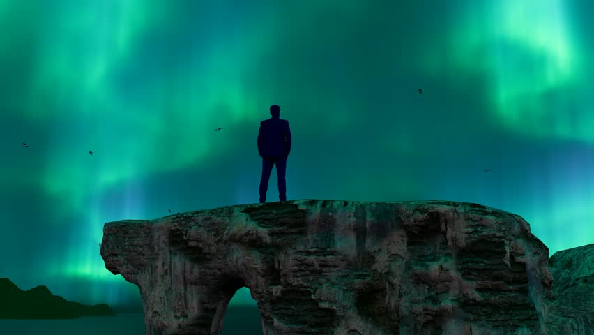 A man watching the Northern Lights from behind