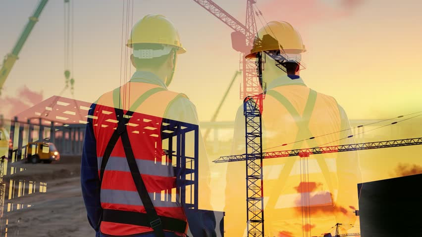 Busy city construction site, back view of technicians