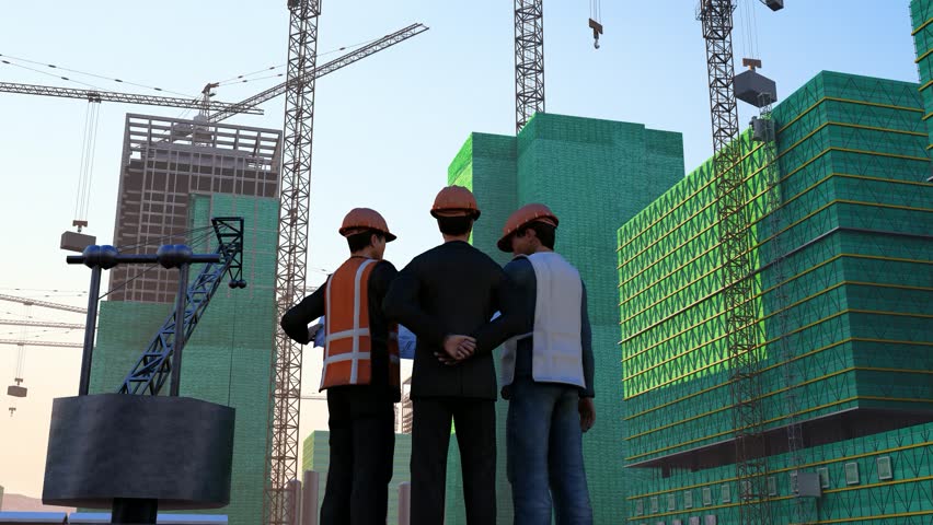 Construction workers and supervisors guide work at the construction site