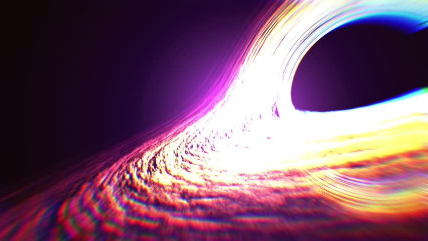 Black hole with lensing effect and accretion disk. Black hole animation reveals visually stunning accretion disk in space. Suitable for educational materials, science documentaries.