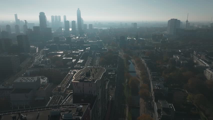 Aerial Drone View of Rotterdam Skyline with high rise and skyscrapers and westersingel moat water works, Netherlands