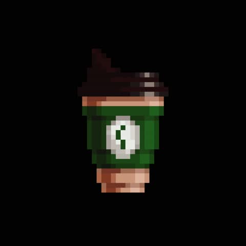 Pixelated art style of a brown cardboard coffee cup with green ribbon