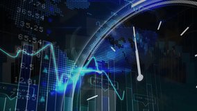 Animation of counting over financial graphs and world map over clock on navy background. Finance, economy, business, data processing and technology concept digitally generated video. - Powered by Shutterstock - Get 15% off with code: PIKWIZARD15
