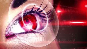 Animation of data processing, ticking clock and scope scanning over close up of a female eye. Cyber security and business technology concept - Powered by Shutterstock - Get 15% off with code: PIKWIZARD15