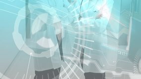 Animation of data processing on digital screen over diverse female and male doctors. Health, medicine and technology concept digitally generated video. - Powered by Shutterstock - Get 15% off with code: PIKWIZARD15