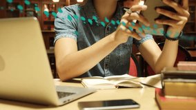 Profile icons connecting with lines and graphs over businessman with curly hair using tablet. Animation, digital composite, multiple exposure, communication, business, data and technology concept - Powered by Shutterstock - Get 15% off with code: PIKWIZARD15