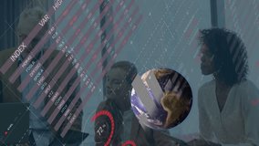 Animation of data processing and globe over diverse business people in office. Global business and digital interface concept digitally generated video. - Powered by Shutterstock - Get 15% off with code: PIKWIZARD15