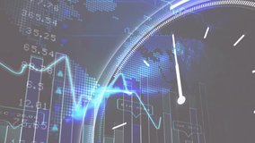 Animation of data processing and moving clock on black background. Global connections, computing and digital interface concept digitally generated video. - Powered by Shutterstock - Get 15% off with code: PIKWIZARD15