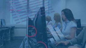 Animation of multicolored infographic interface over multiracial coworkers working on computers. Digital composite, multiple exposure, global, report, business, office, teamwork and technology. - Powered by Shutterstock - Get 15% off with code: PIKWIZARD15