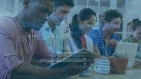 Animation of stock market data processing over african american man with digital tablet smiling. Global economy and business technology concept - Powered by Shutterstock - Get 15% off with code: PIKWIZARD15