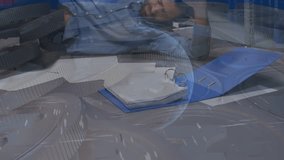 Animation of financial data processing and globe over man sleeping in office. Global finance, business and data processing concept digitally generated video. - Powered by Shutterstock - Get 15% off with code: PIKWIZARD15