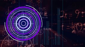 Animation of purple round scanner, data processing and mathematical equations on red background. Computer interface and business technology concept - Powered by Shutterstock - Get 15% off with code: PIKWIZARD15