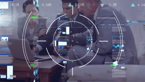 Animation of scope and financial data processing over business people. Global business, finances, connections, computing and data processing concept digitally generated video. - Powered by Shutterstock - Get 15% off with code: PIKWIZARD15