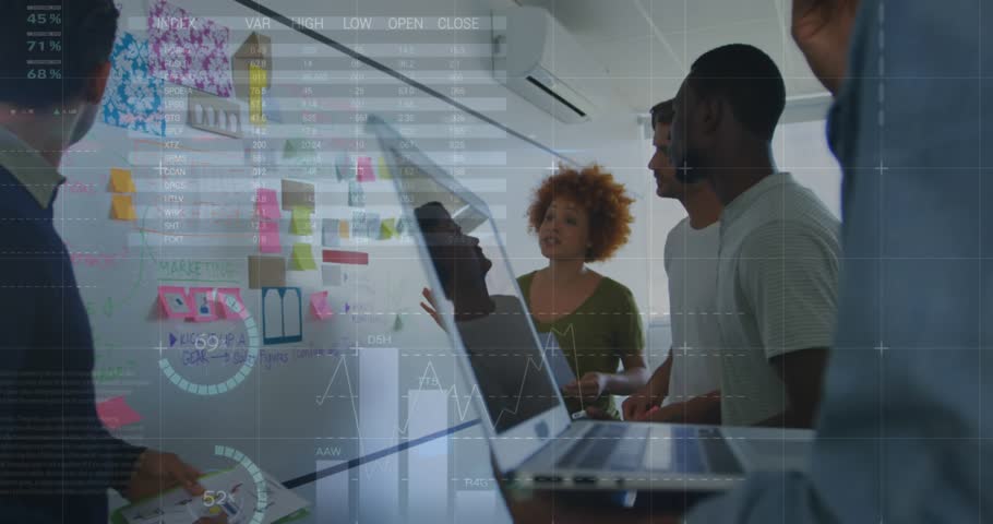 Animation of infographic interface, diverse coworkers discussing strategy on whiteboard in office. Digital composite, multiple exposure, report, business, planning, teamwork and global concept.