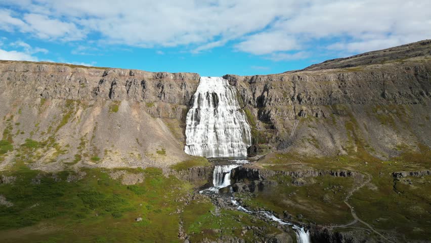 Dynjandi Waterfall from a Distance with Dramatic Cliffs