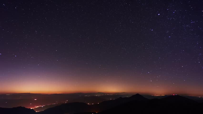 Night Sky Timelapse of Star Trails over Mountain Horizon