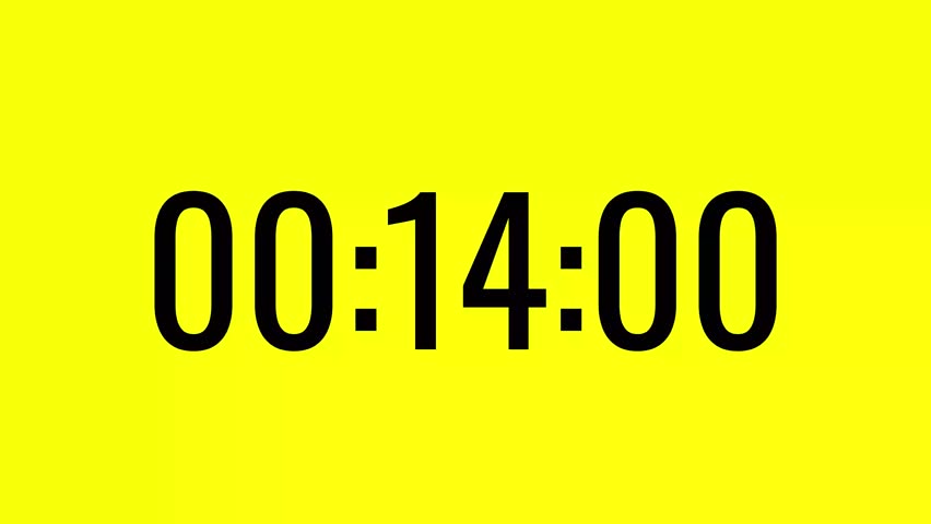 Modern countdown timer from 14 minute to 13 minute on yellow background suitable for presentations, productivity, educational content, and more