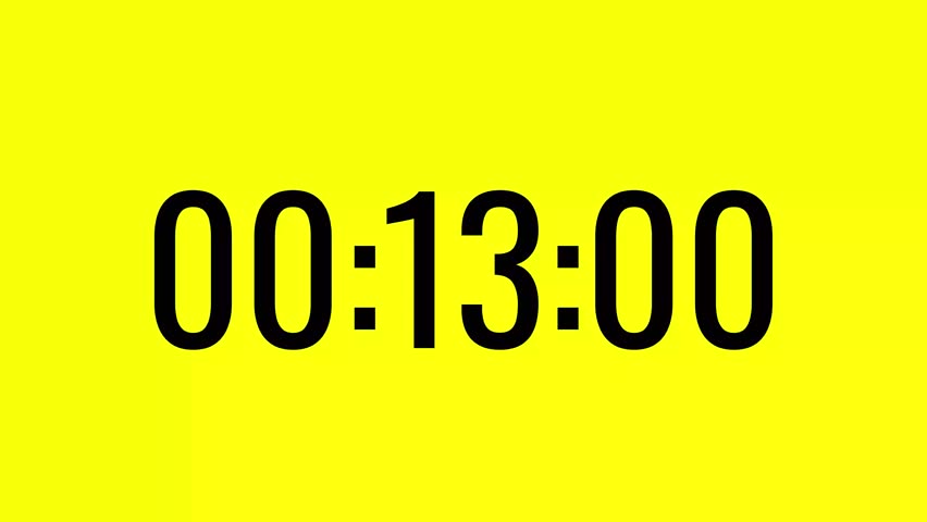 Modern countdown timer from 13 minute to 12 minute on yellow background suitable for presentations, productivity, educational content, and more