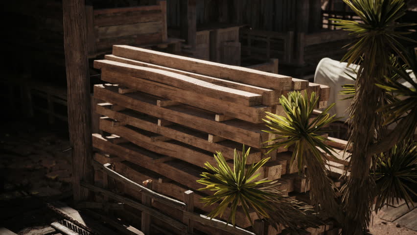 Sturdy wooden pallets lean against a wall in a rustic outdoor area, surrounded by greenery and old structures, creating a tranquil, natural atmosphere.