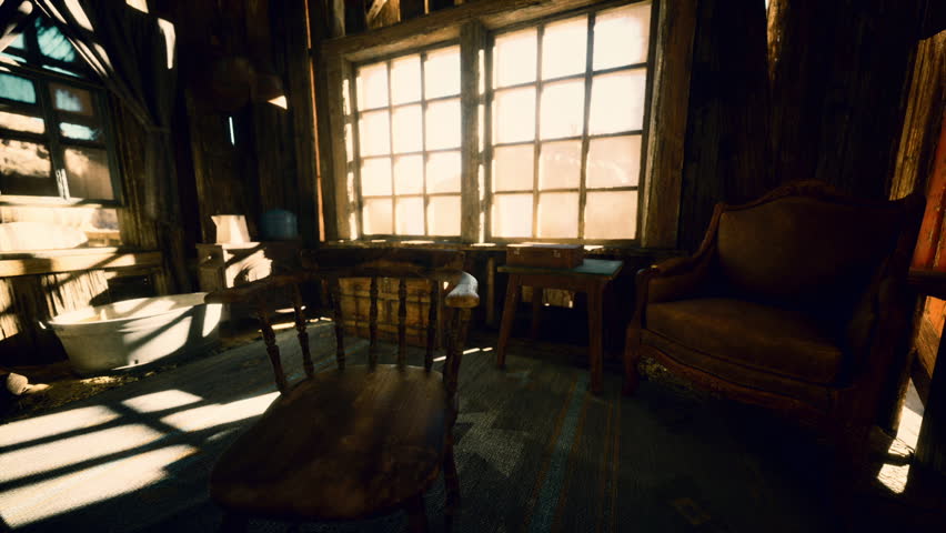 In an old cabin, soft sunlight filters through dusty windows, illuminating a worn chair and wooden furnishings, evoking a sense of nostalgia and quiet solitude in the rustic space.