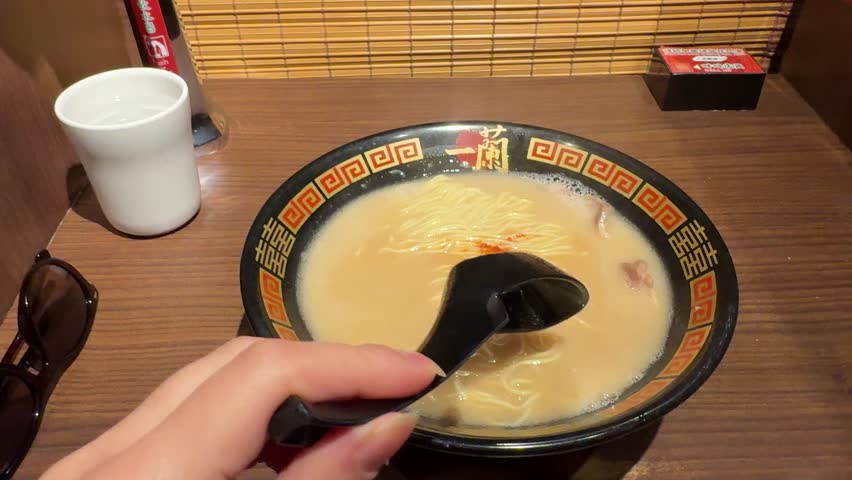 Eating signature tonkotsu ramen at Ichiran in Hong Kong – a hand mixing thin noodles, tender pork slices, and rich creamy broth in the iconic black-and-red bowl for the perfect flavor.