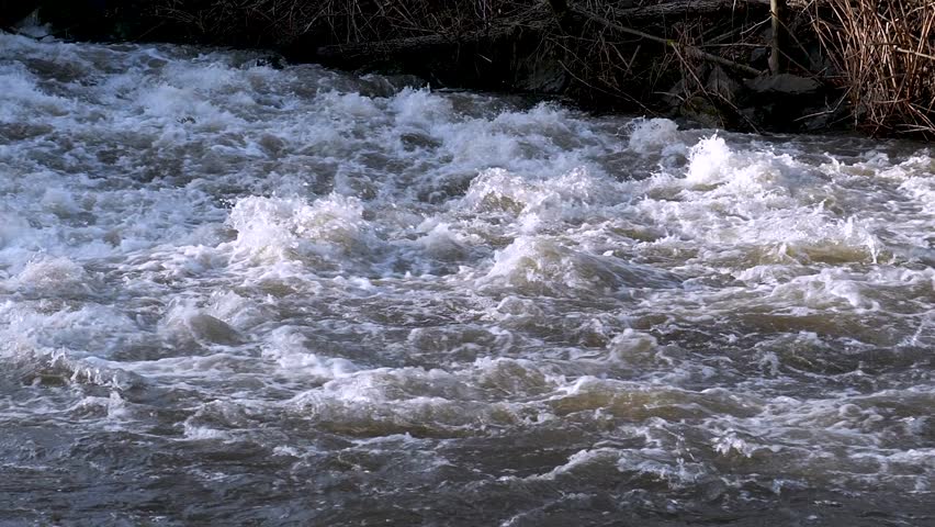 Cinematic slow motion view of powerful river rapids with churning white water and foam showing raw energy, texture, and dynamic movement in natural outdoor scenery.