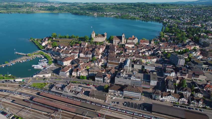 An aerial panoramic of the old town of the city Rapperswil-Jona, in Switzerland on a sunny day in summer 