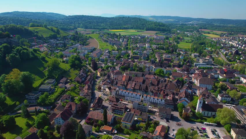 An Panoramic aerial of the old town of the city Aarau in Switzerland on a sunny day in summer