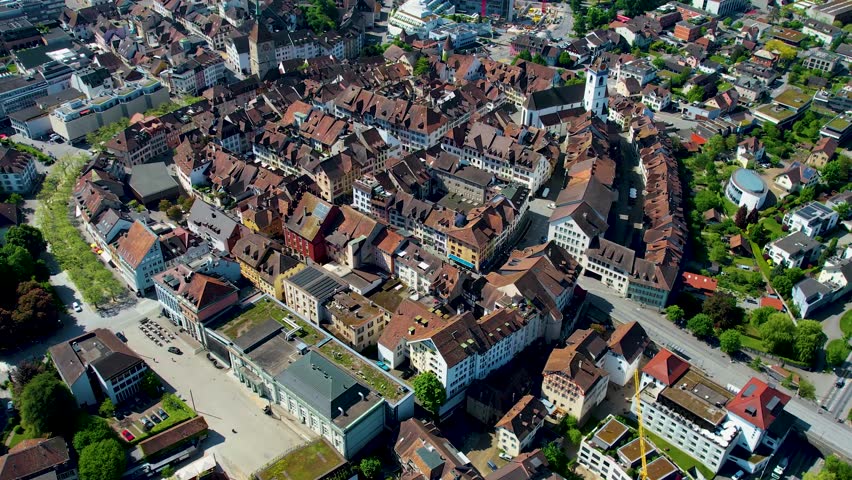 An aerial panoramic of the old town of the city Aarau, in Switzerland on a sunny day in summer 