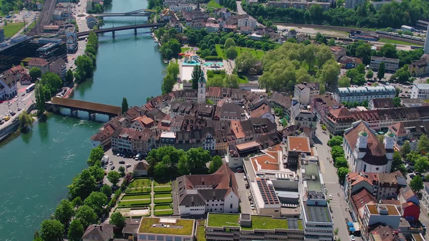 A Panoramic aerial view of the old town around the city Olten in Switzerland on a sunny day in summer