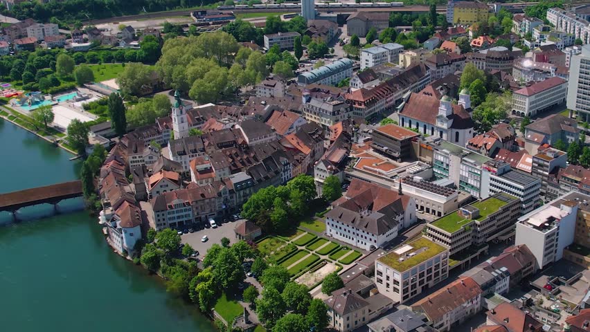 A Panoramic aerial view of the old town around the city Olten in Switzerland on a sunny day in summer