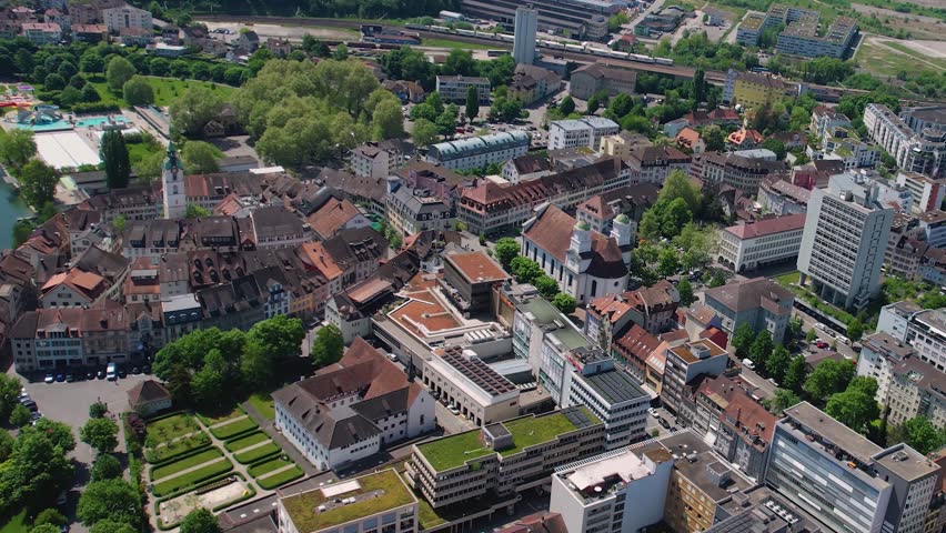 A Panoramic aerial view of the old town around the city Olten in Switzerland on a sunny day in summer