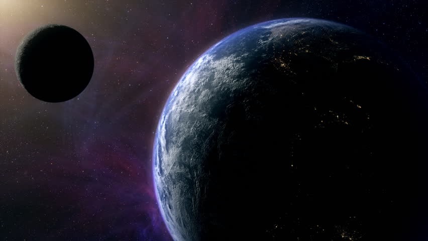 Cinematic planet Earth and Moon space view, glowing earth with city lights and atmospheric rim light, moon drifting through star filled cosmos, epic sci fi mood, deep space exploration, dramatic universe backdrop