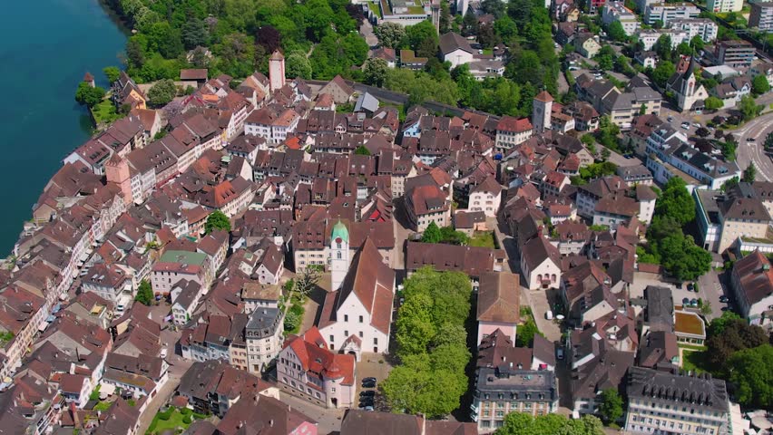 A Panoramic aerial view of the old town around the city Rheinfelden in Switzerland on a sunny day in summer