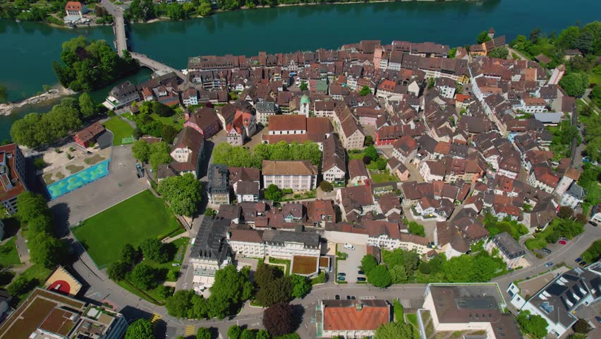 A Panoramic aerial view of the old town around the city Rheinfelden in Switzerland on a sunny day in summer