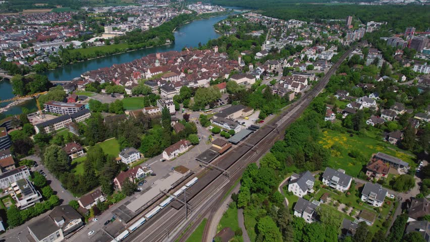 A Panoramic aerial view of the old town around the city Rheinfelden in Switzerland on a sunny day in summer