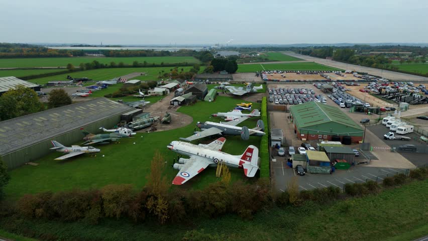 Aerial view of old world war two warplanes. Fighter jets and bombers in Lincolnshire, United Kingdom.