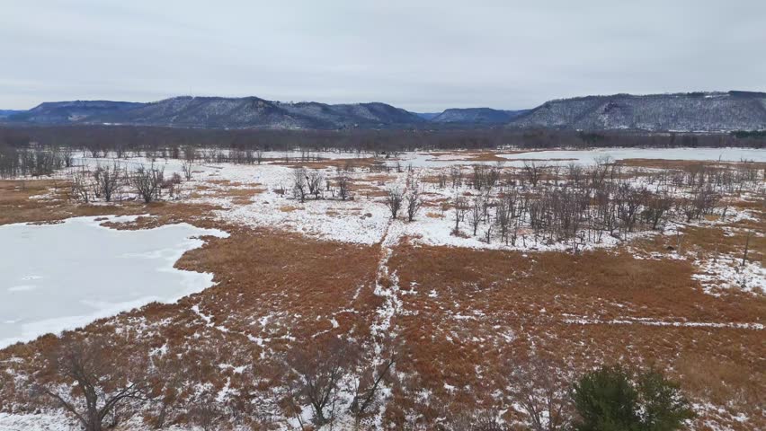 Wetland ecosystem during winter, dry trees and frozen lazy river covered in snow surrounded by bluffs in Wisconsin Minnesota Driftless Region