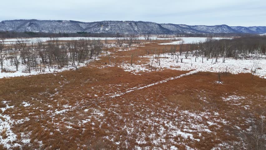 A wide winter landscape shows a partially frozen wetland with patches of snow scattered across golden-brown grasses, sparse leafless shrubs, and shallow icy water
