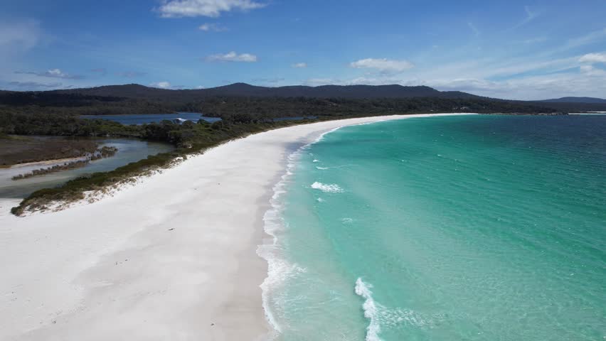 Binalong Bay Beach With White Sand And Turquoise Ocean In Tasmania, Australia - Drone Shot