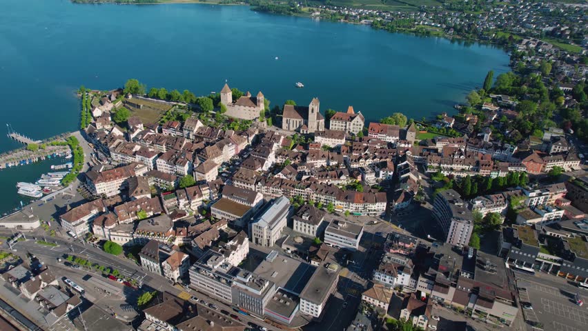 A Panoramic aerial of the old town of the city Rapperswil-Jona in Switzerland on a sunny morning in summer
