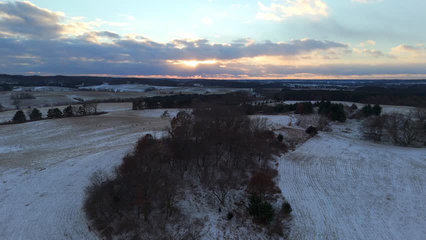 Wisconsin countryside in Winter covered in fresh snow Aerial view