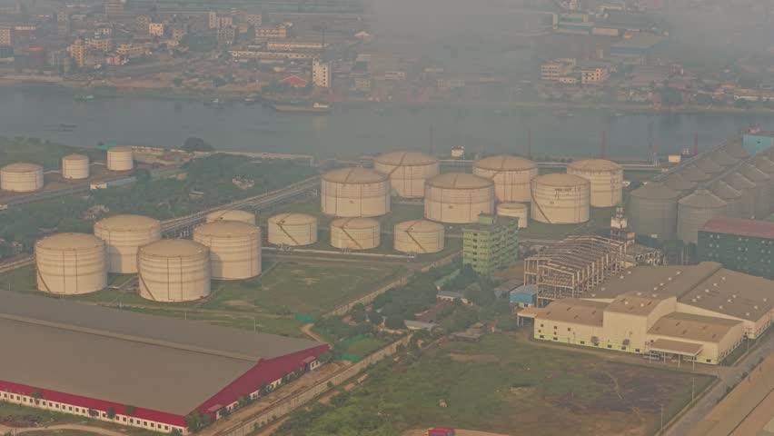 Drone view of petrochemical oil containers at port facility in Dhaka, Bangladesh